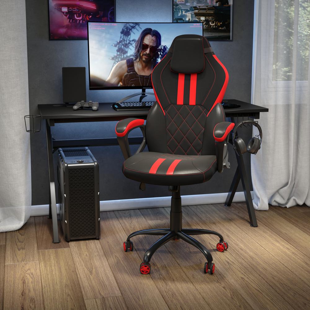 Ergonomic Office Computer Chair - Adjustable Black and Red Designer Gaming Chair - 360° Swivel - Red Dual Wheel Casters. Picture 2