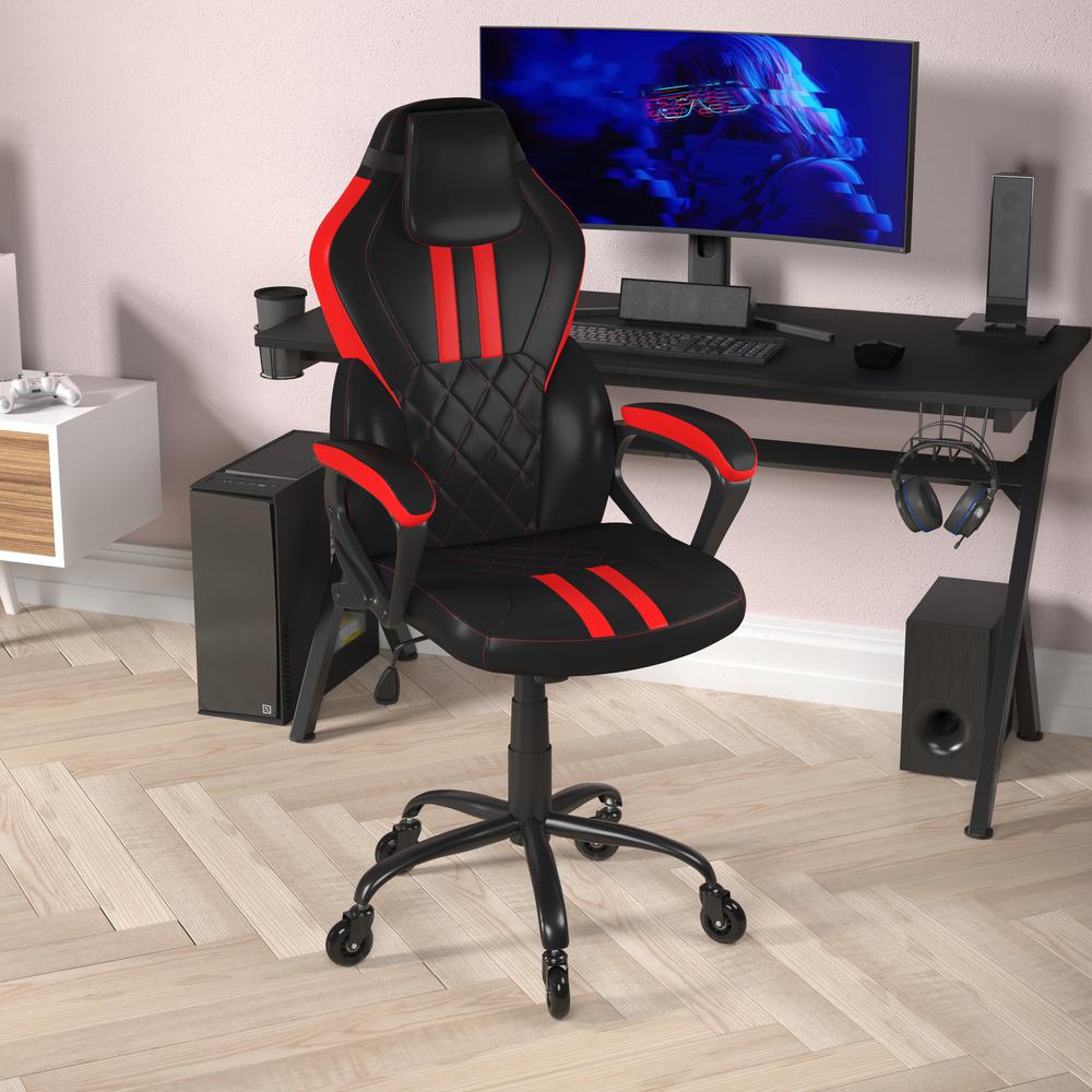 Stone Ergonomic Office Computer Chair - Adjustable Black and Red Designer Gaming Chair - 360° Swivel - Transparent Roller Wheels. Picture 6