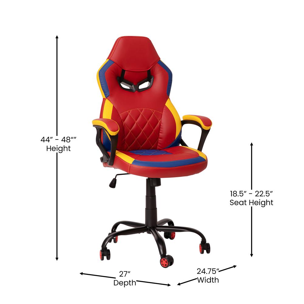 Ergonomic Office Computer Chair - Adjustable Red & Yellow Designer Gaming Chair - 360° Swivel - Red Dual Wheel Casters. Picture 5