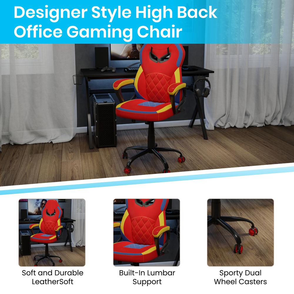Ergonomic Office Computer Chair - Adjustable Red & Yellow Designer Gaming Chair - 360° Swivel - Red Dual Wheel Casters. Picture 4