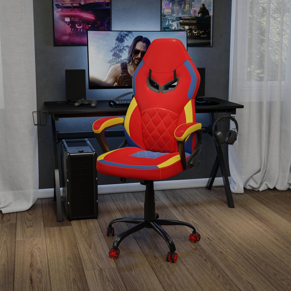Ergonomic Office Computer Chair - Adjustable Red & Yellow Designer Gaming Chair - 360° Swivel - Red Dual Wheel Casters. Picture 2