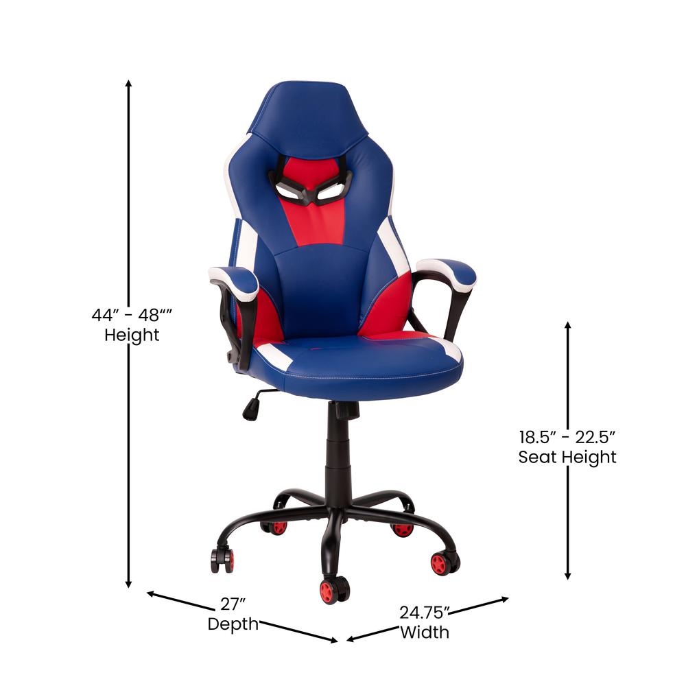 Ergonomic PC Office Computer Chair - Adjustable Red & Blue Designer Gaming Chair - 360° Swivel - Red Dual Wheel Casters. Picture 5