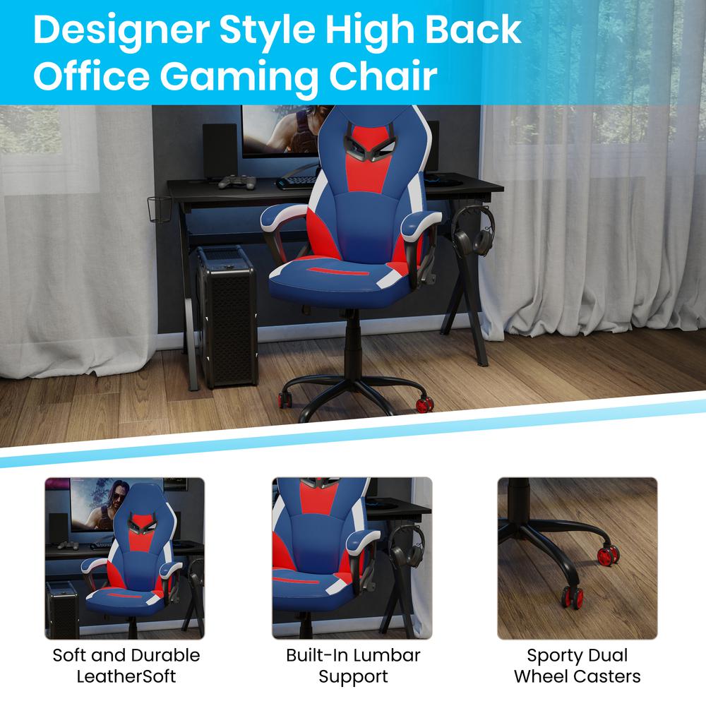 Ergonomic PC Office Computer Chair - Adjustable Red & Blue Designer Gaming Chair - 360° Swivel - Red Dual Wheel Casters. Picture 4