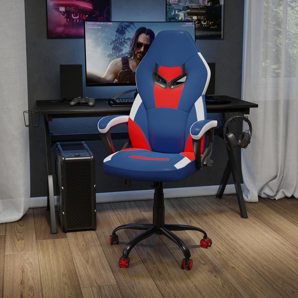 Ergonomic PC Office Computer Chair - Adjustable Red & Blue Designer Gaming Chair - 360° Swivel - Red Dual Wheel Casters. Picture 2