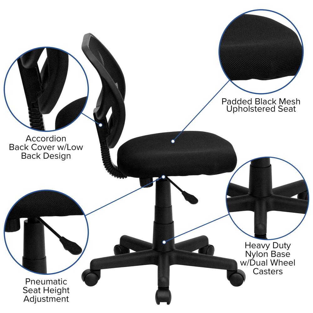Low Back Black Mesh Swivel Task Office Chair with Curved Square Back. Picture 6