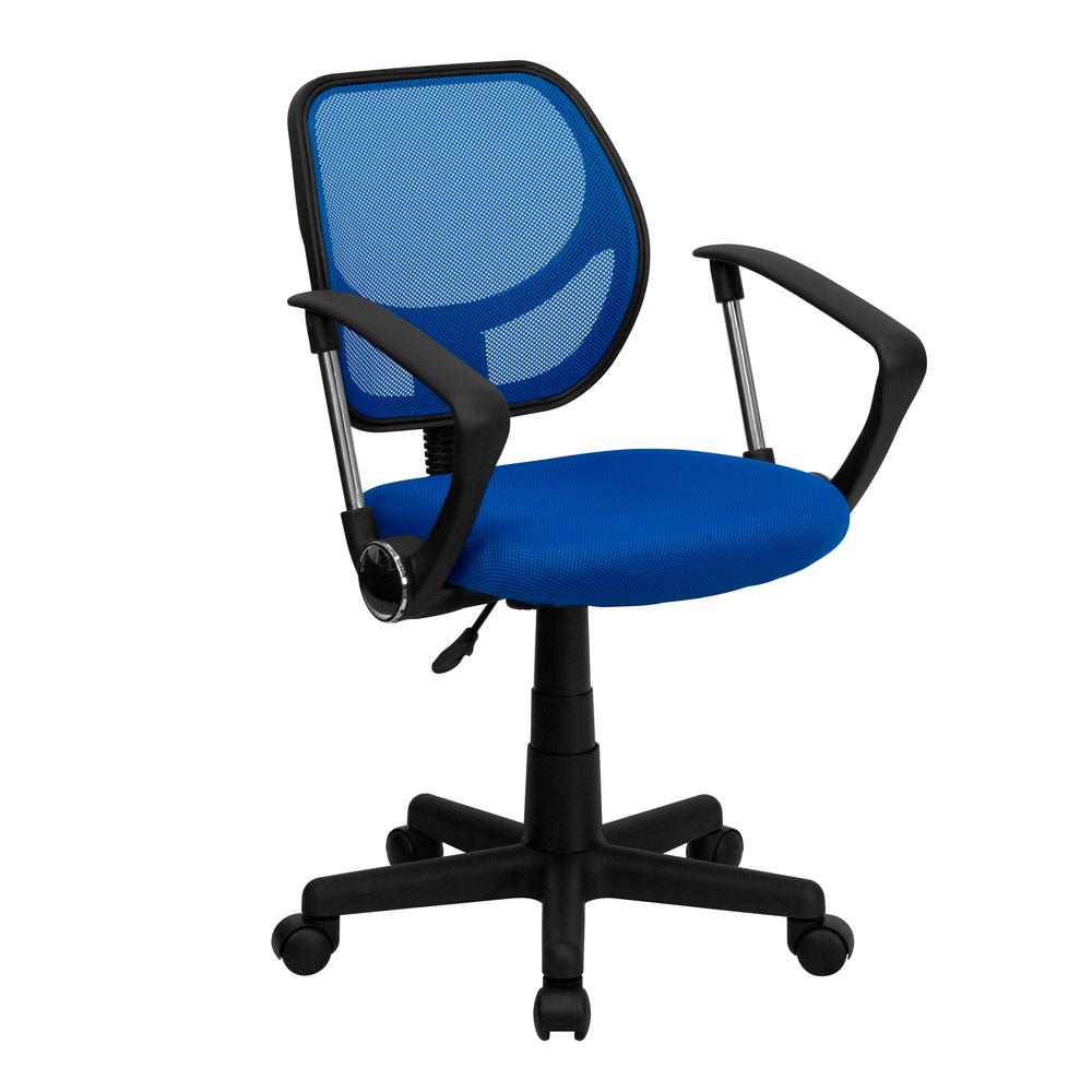 Low Back Blue Mesh Swivel Task Office Chair with Curved Square Back and Arms. Picture 1