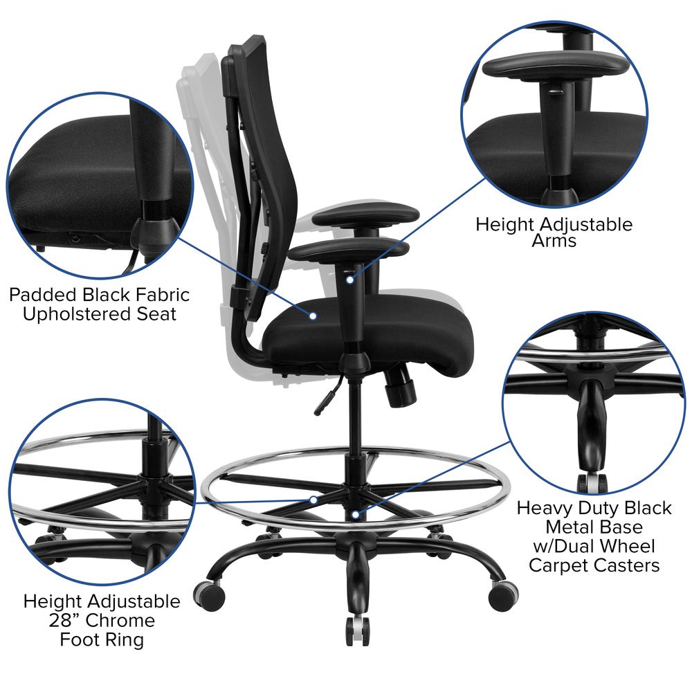 Big & Tall 400 lb. Rated Black Mesh Ergonomic Drafting Chair with Adjustable Arms. Picture 5