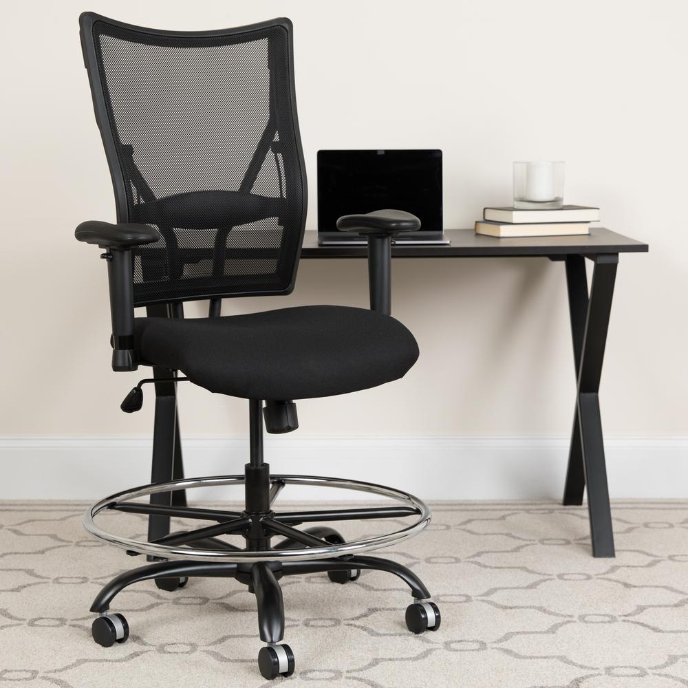 Big & Tall 400 lb. Rated Black Mesh Ergonomic Drafting Chair with Adjustable Arms. Picture 6