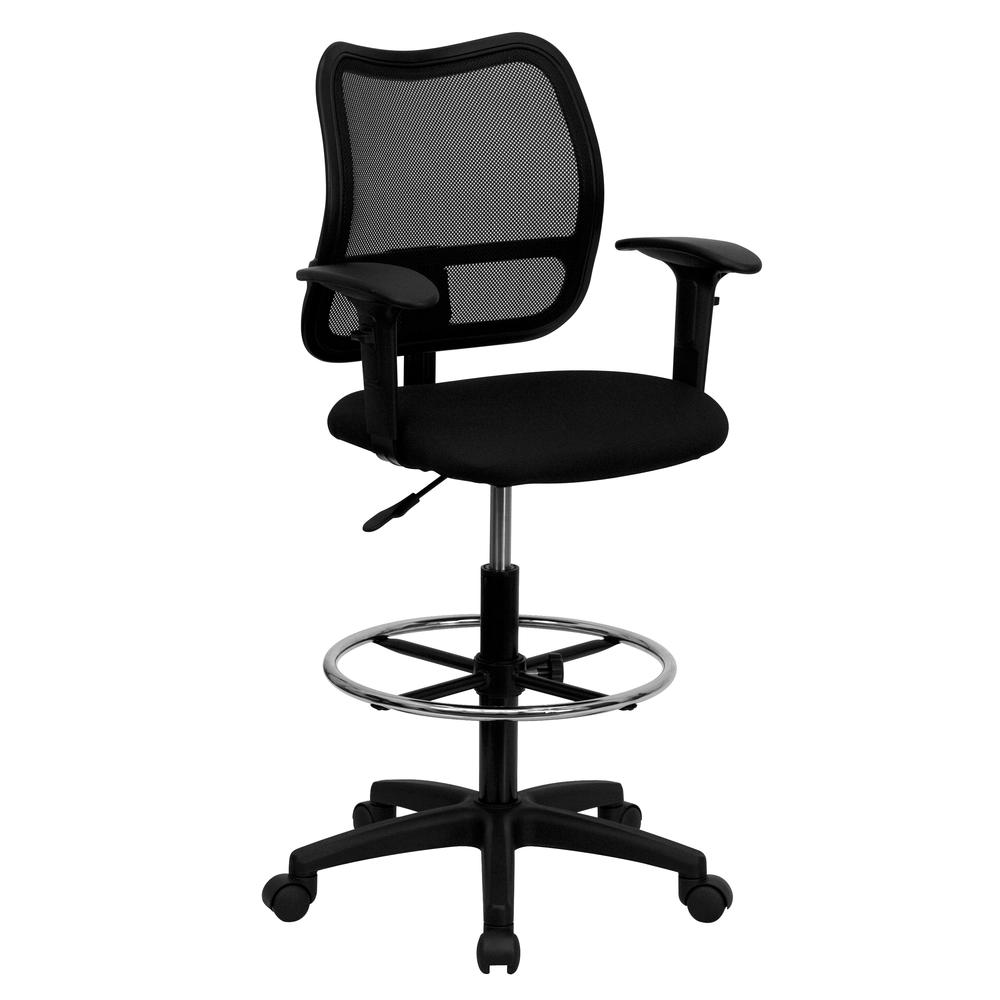 Mid-Back Black Mesh Drafting Chair with Adjustable Arms. Picture 1