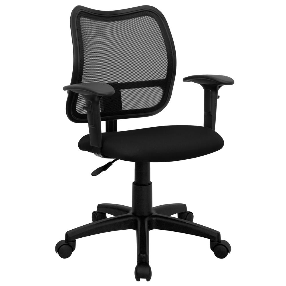 Mid-Back Black Mesh Swivel Task Office Chair with Adjustable Arms. Picture 1