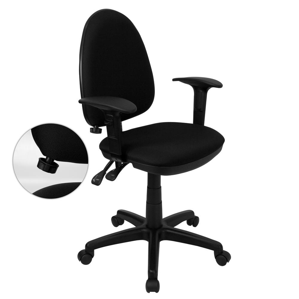 Mid-Back Black Fabric Multifunction Swivel Ergonomic Task Office Chair with Adjustable Lumbar Support & Arms. The main picture.