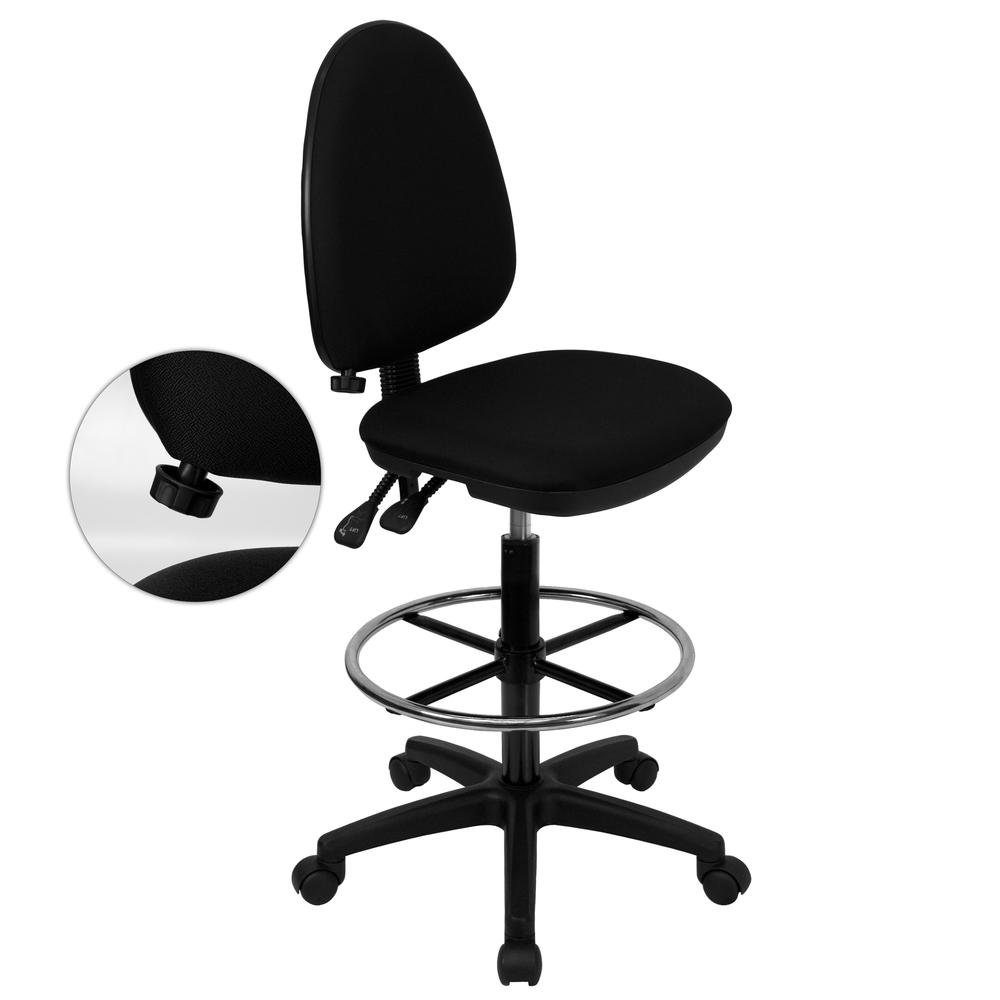 Mid-Back Black Fabric Multifunction Ergonomic Drafting Chair with Adjustable Lumbar Support. Picture 1