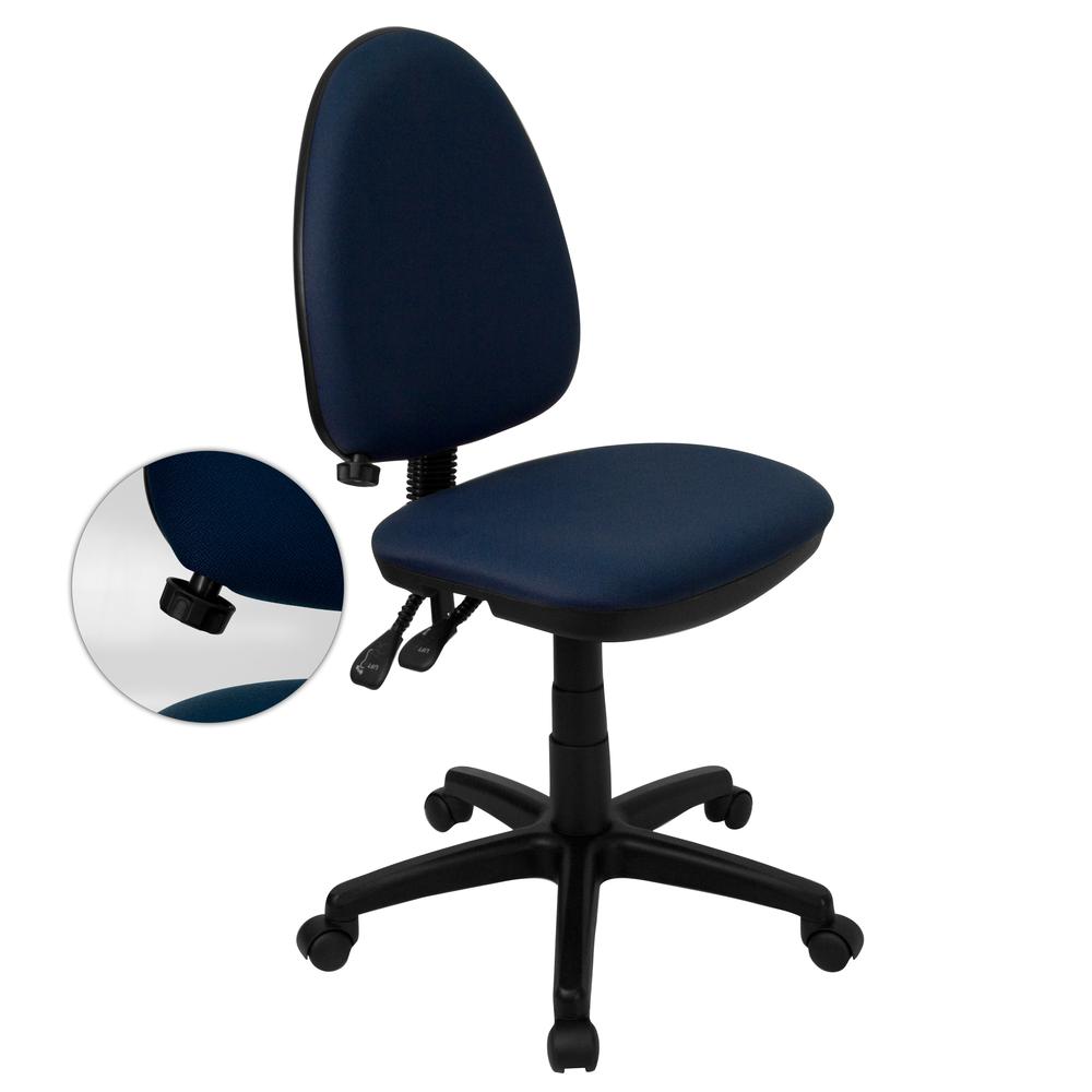 Mid-Back Navy Blue Fabric Multifunction Swivel Ergonomic Task Office Chair with Adjustable Lumbar Support. The main picture.
