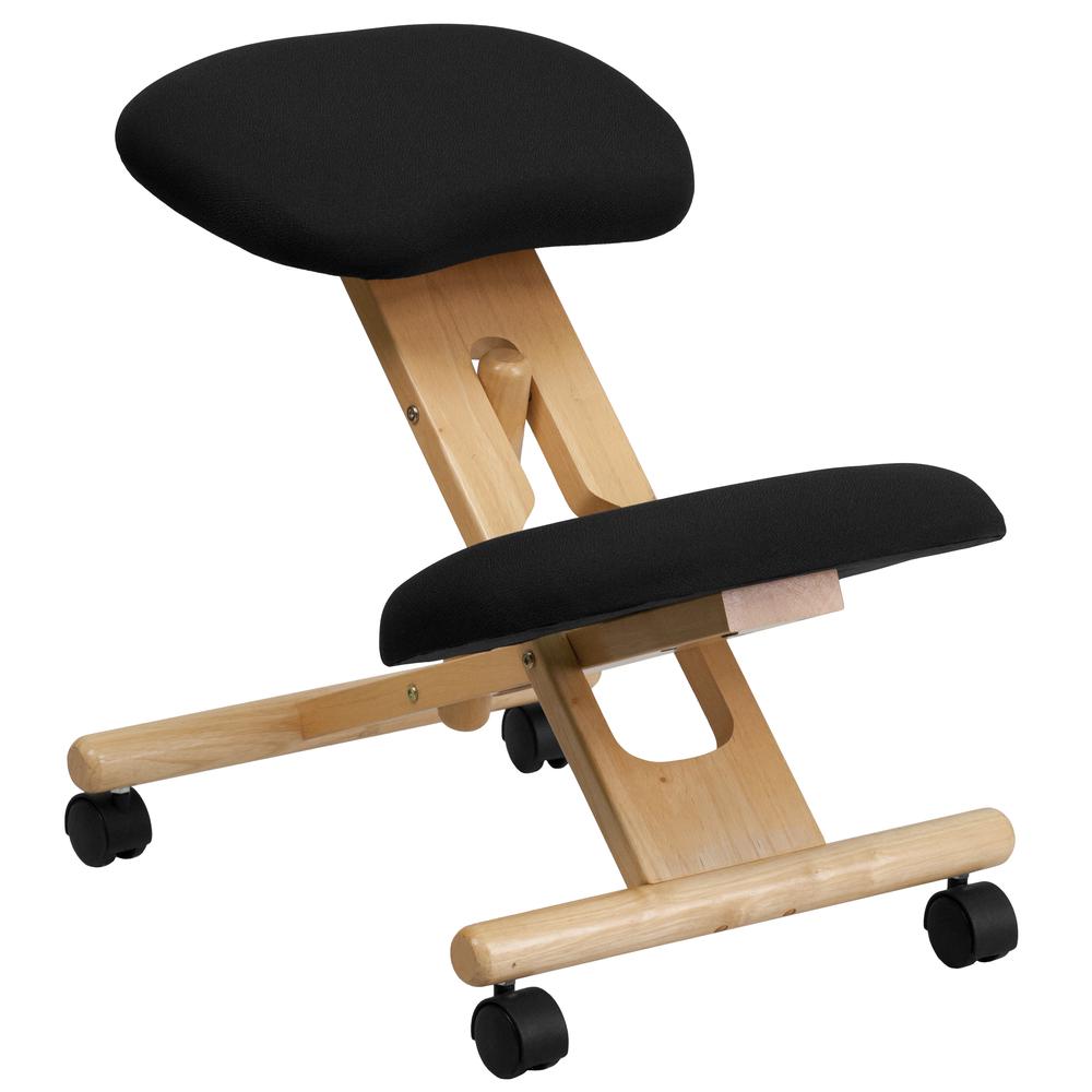 Mobile Wooden Ergonomic Kneeling Office Chair in Black Fabric. Picture 1