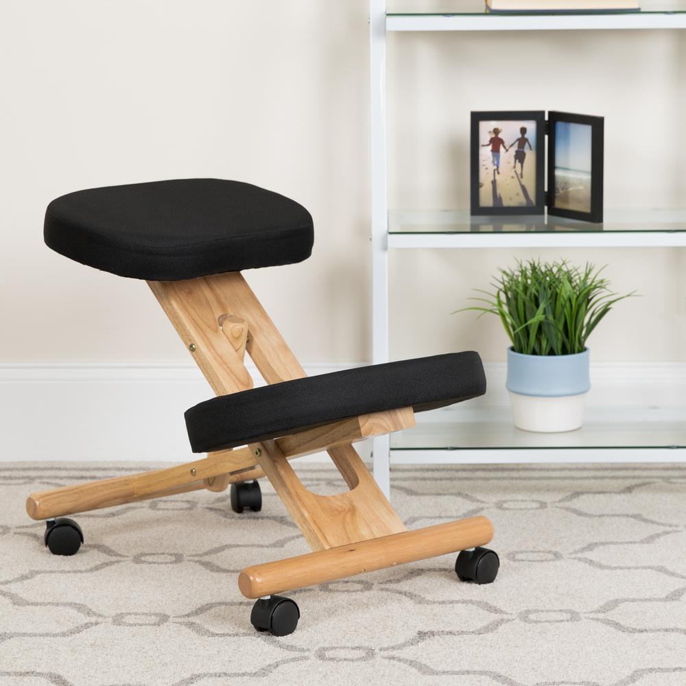 Mobile Wooden Ergonomic Kneeling Office Chair in Black Fabric. Picture 8