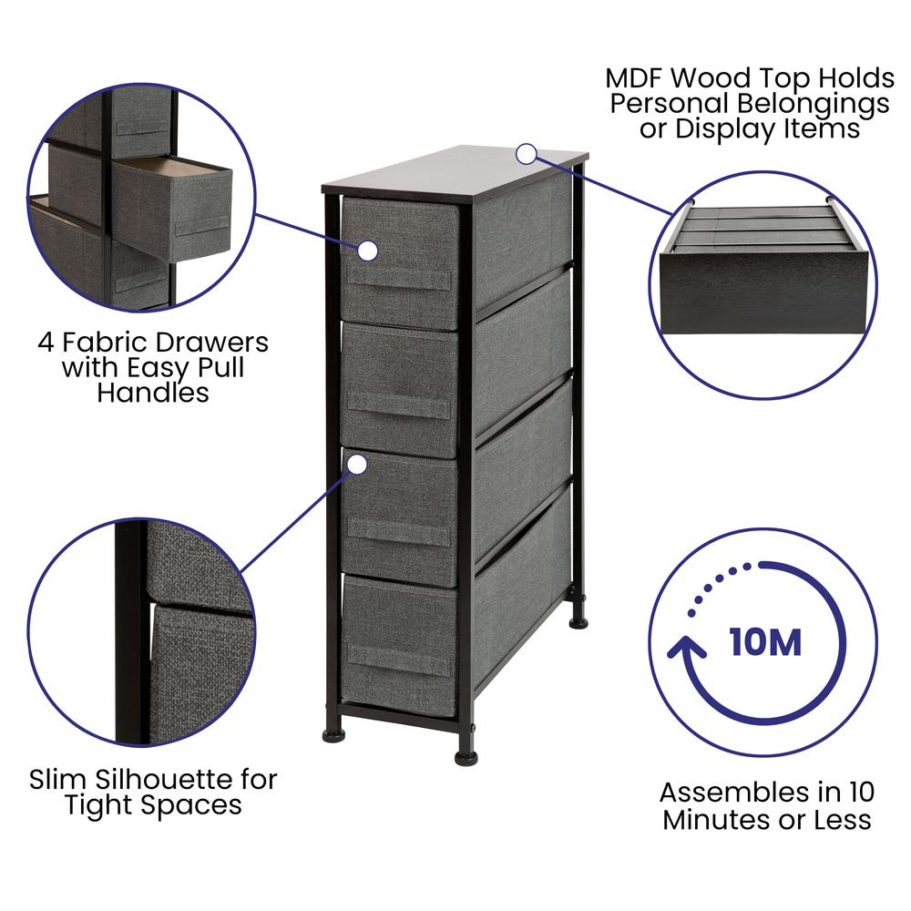 4 Drawer Slim Wood Top BlackFrame Dresser Storage Tower with Dark Gray Drawers. Picture 3