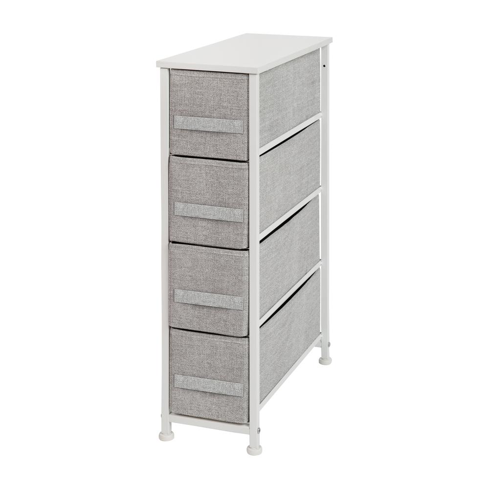 4 Drawer Slim Wood Top White Cast Iron Frame Vertical Storage Dresser with Light Gray Easy Pull Fabric Drawers. Picture 2