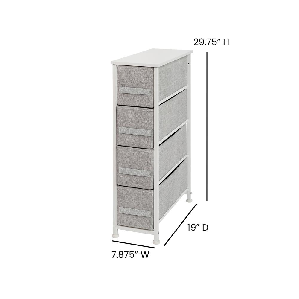 4 Drawer Slim Wood Top White Cast Iron Frame Vertical Storage Dresser with Light Gray Easy Pull Fabric Drawers. Picture 4