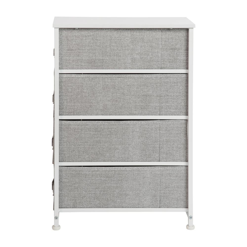 4 Drawer Slim Wood Top White Cast Iron Frame Vertical Storage Dresser with Light Gray Easy Pull Fabric Drawers. Picture 7