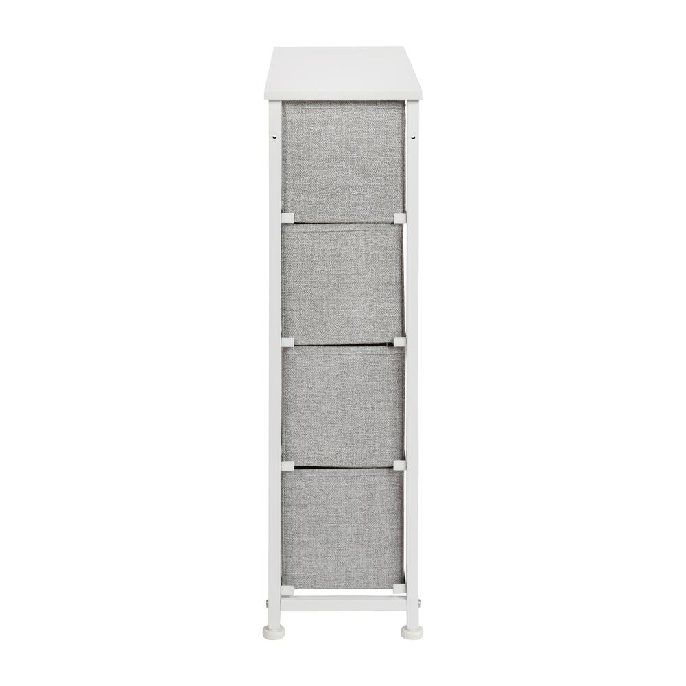 4 Drawer Slim Wood Top White Cast Iron Frame Vertical Storage Dresser with Light Gray Easy Pull Fabric Drawers. Picture 5