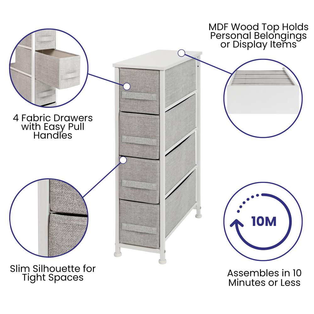 4 Drawer Slim Wood Top White Cast Iron Frame Vertical Storage Dresser with Light Gray Easy Pull Fabric Drawers. Picture 3