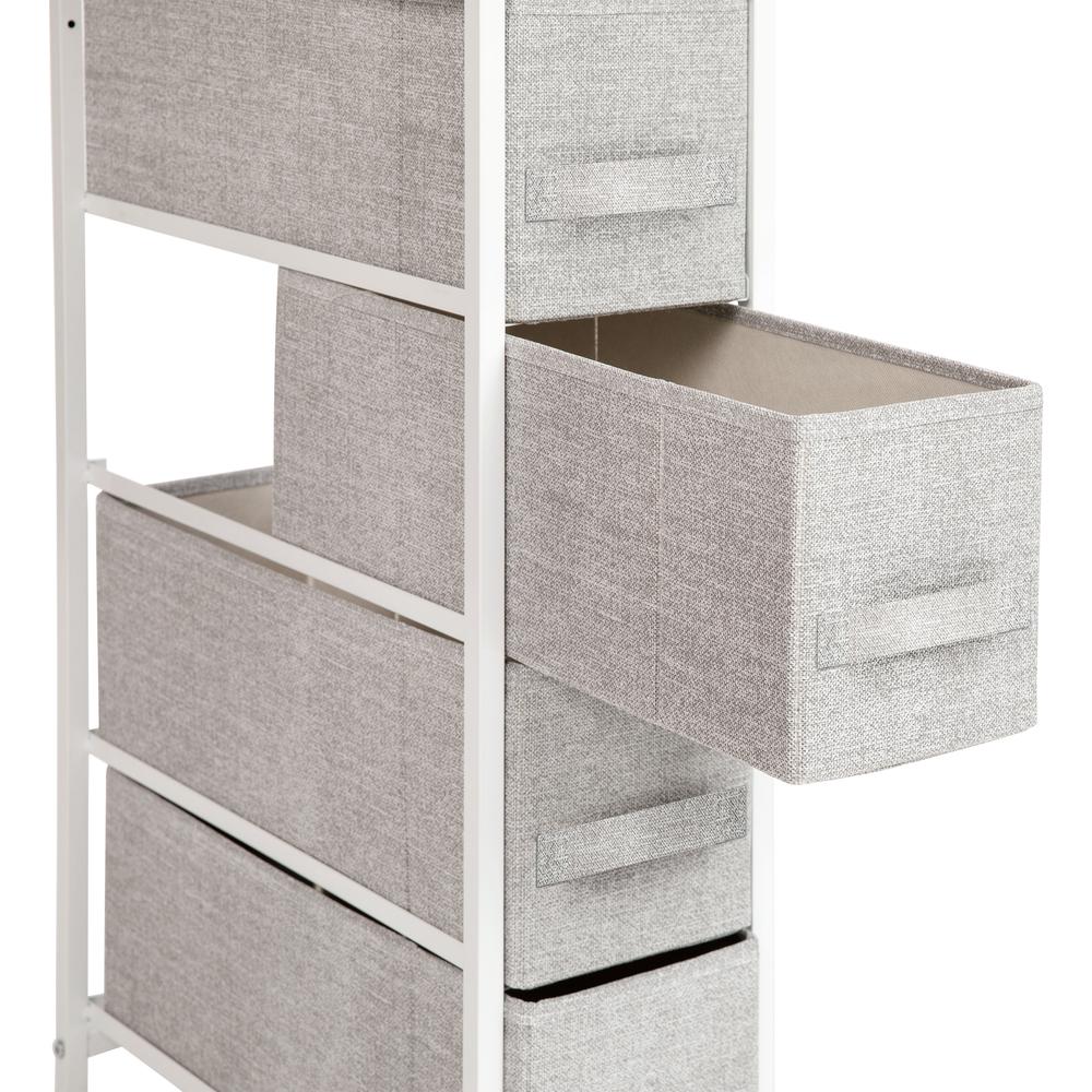 4 Drawer Slim Wood Top White Cast Iron Frame Vertical Storage Dresser with Light Gray Easy Pull Fabric Drawers. Picture 6