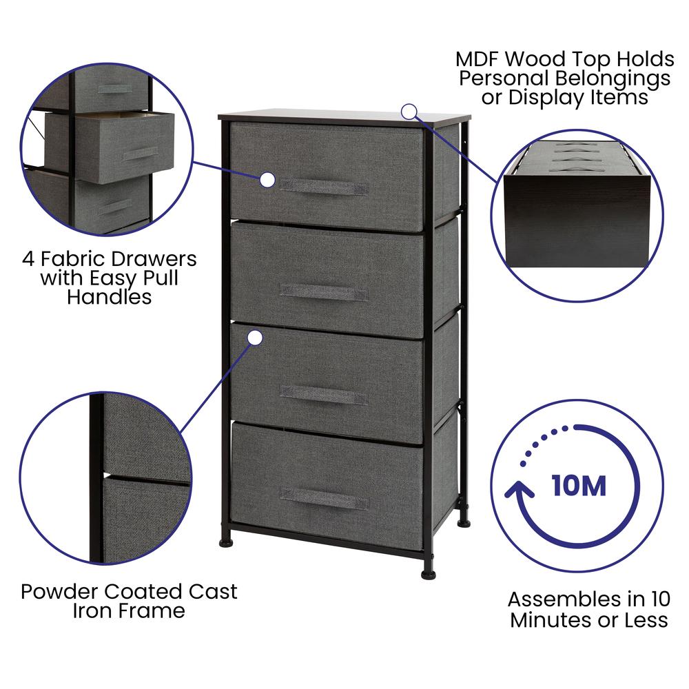 4 Drawer Wood Top BlackFrame Vertical Storage Dresser with Dark Gray Drawers. Picture 3