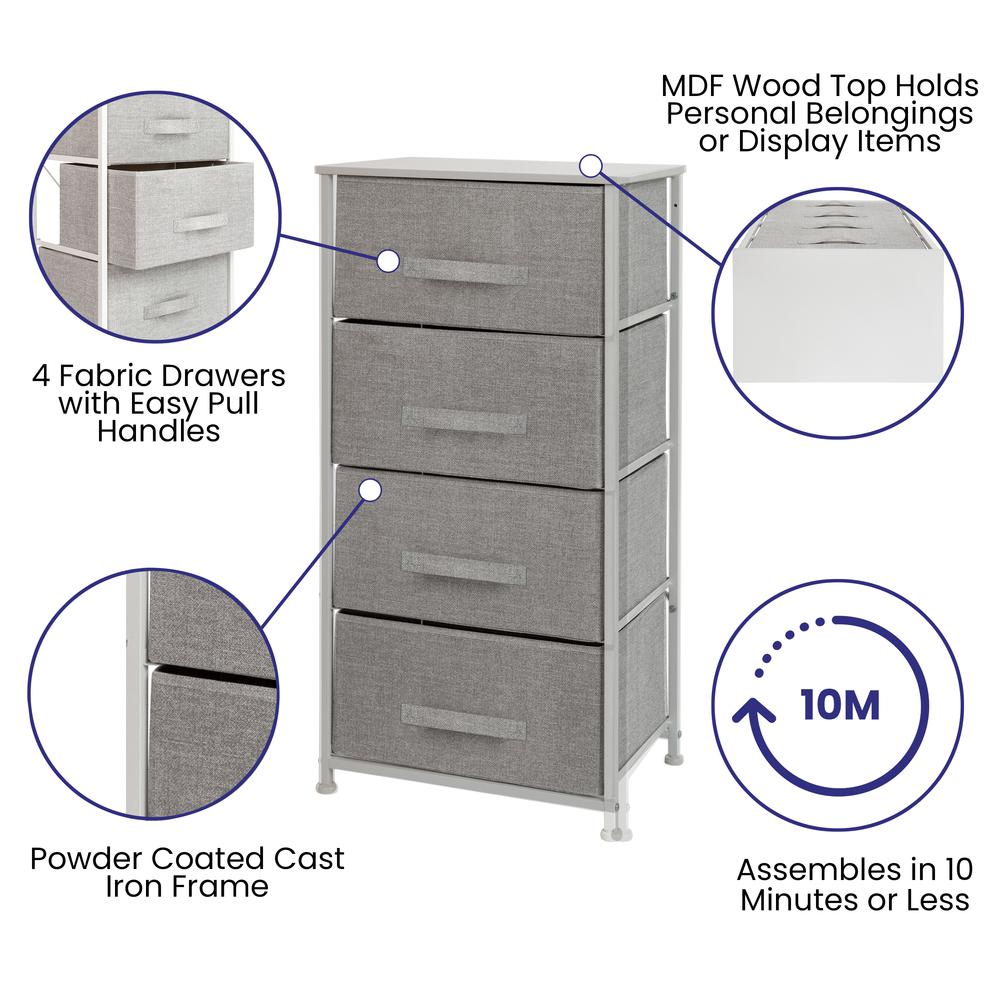 4 Drawer Wood Top WhiteFrame Vertical Storage Dresser with Light Gray Drawers. Picture 3