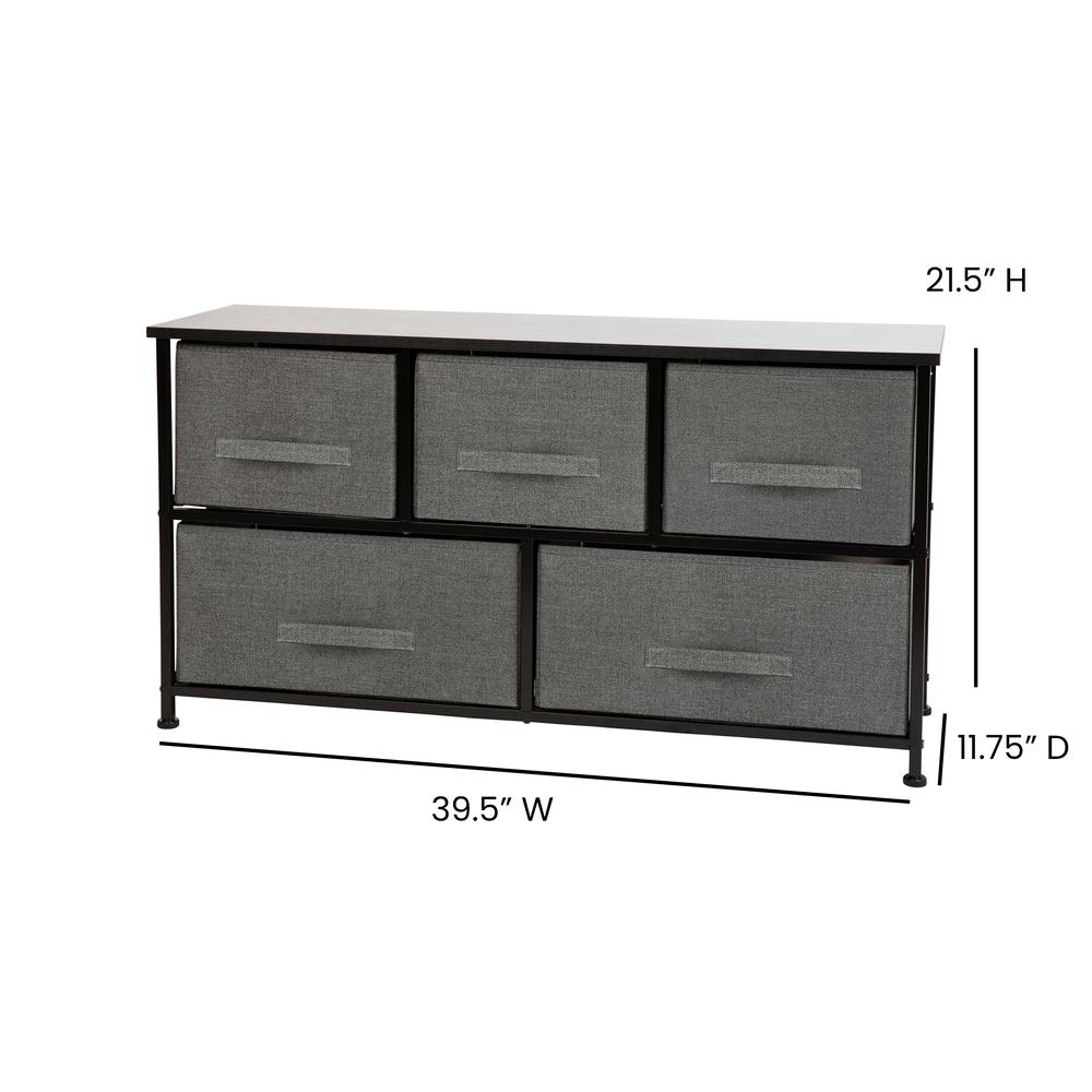 5 Drawer Wood Top BlackFrame Vertical Storage Dresser with Dark Gray Drawers. Picture 4