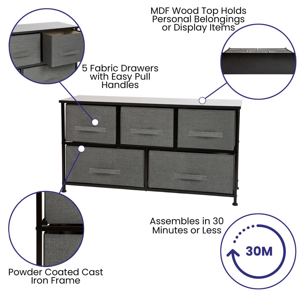 5 Drawer Wood Top BlackFrame Vertical Storage Dresser with Dark Gray Drawers. Picture 3