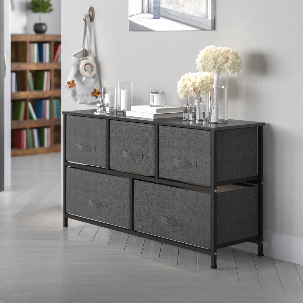 5 Drawer Wood Top BlackFrame Vertical Storage Dresser with Dark Gray Drawers. Picture 1