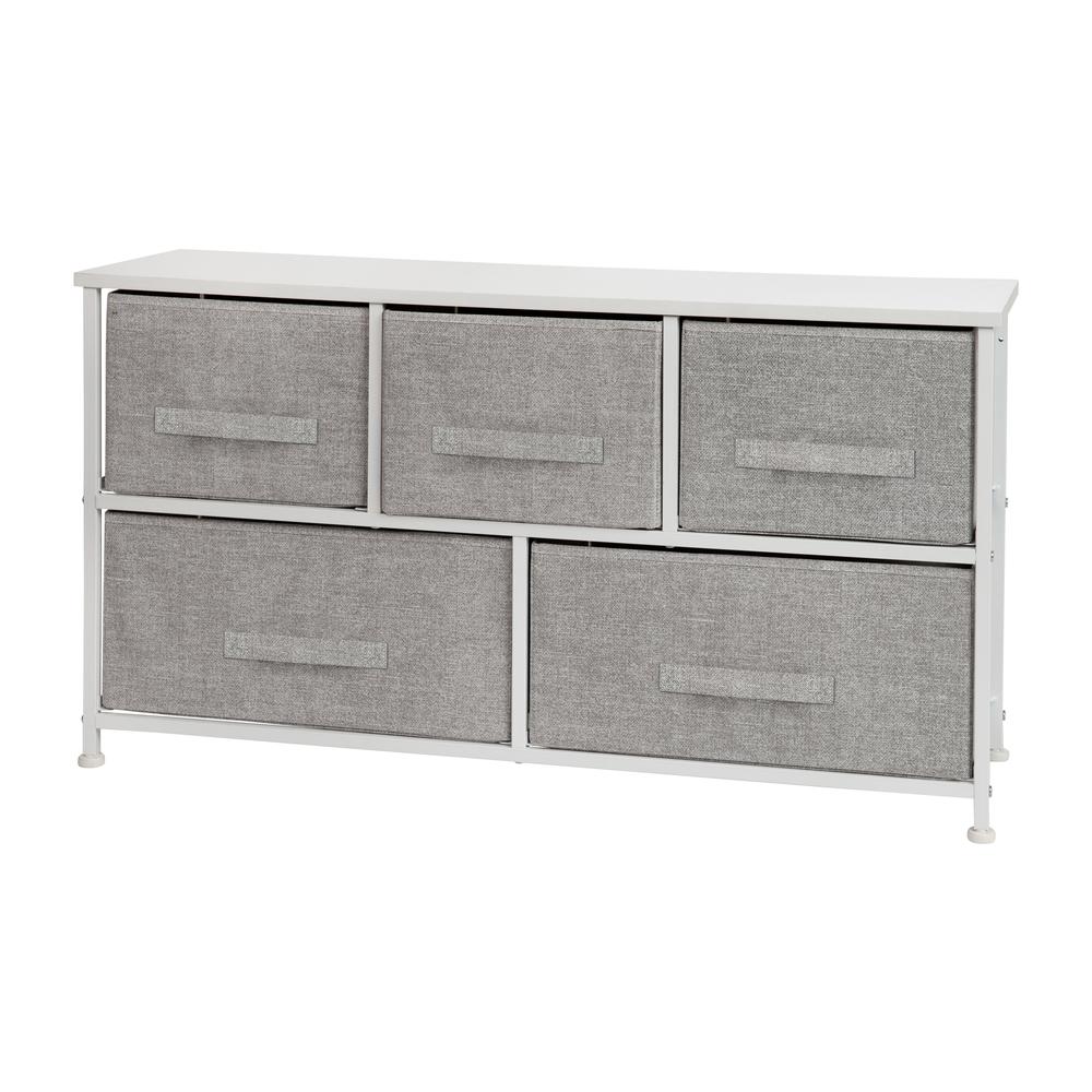 5 Drawer Wood Top WhiteFrame Vertical Storage Dresser with Light Gray Drawers. Picture 2