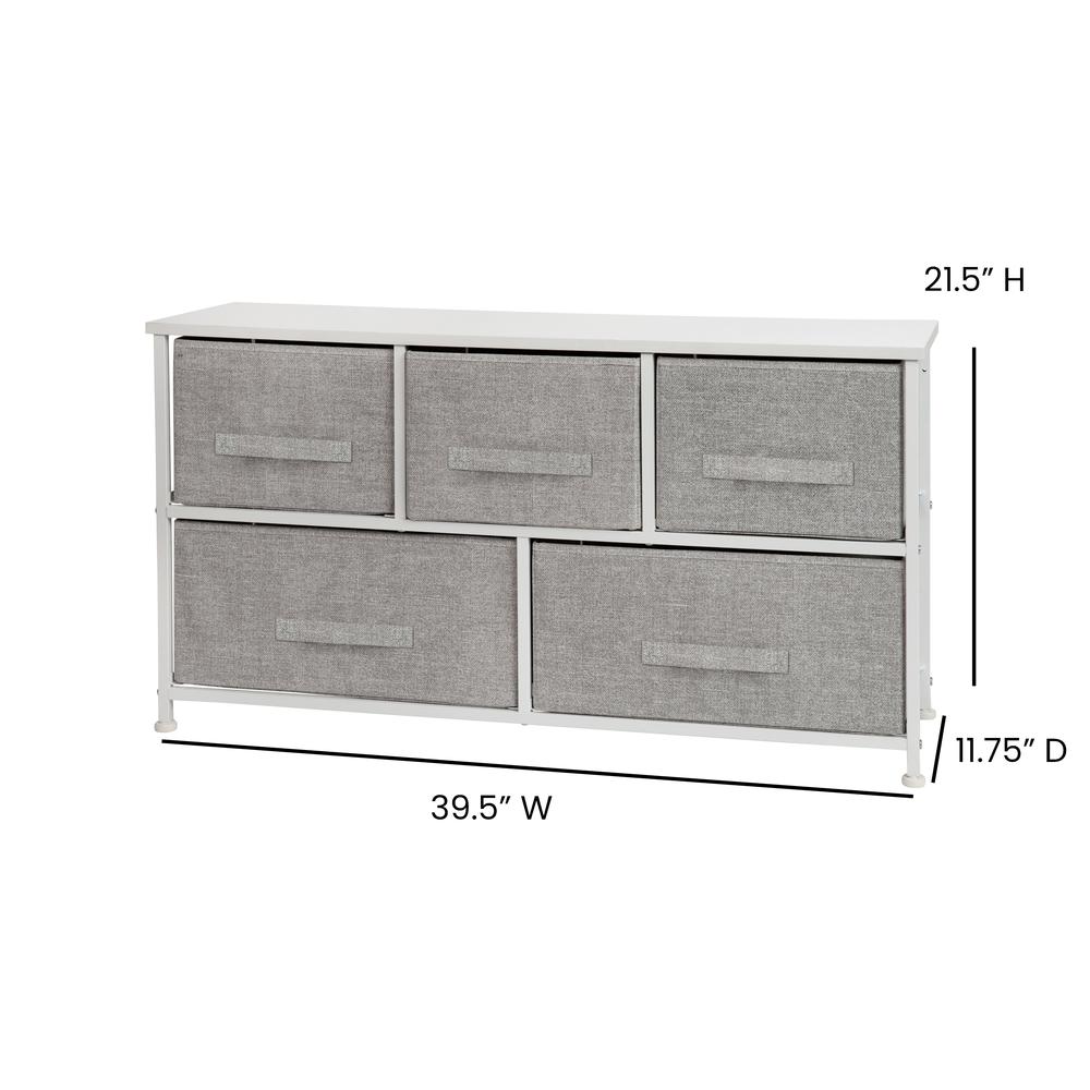 5 Drawer Wood Top WhiteFrame Vertical Storage Dresser with Light Gray Drawers. Picture 4