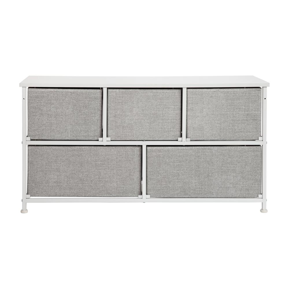 5 Drawer Wood Top WhiteFrame Vertical Storage Dresser with Light Gray Drawers. Picture 5