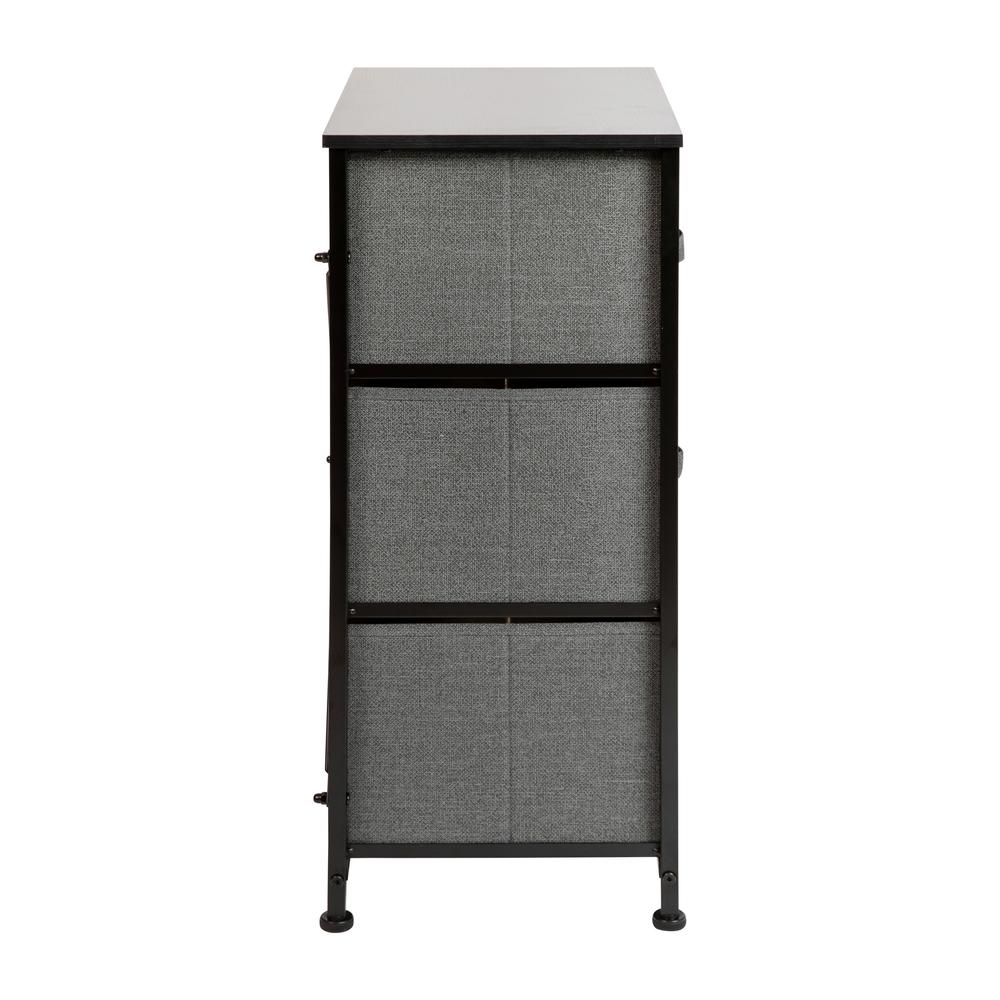3 Drawer Wood Top BlackFrame Vertical Storage Dresser with Dark Gray Drawers. Picture 7