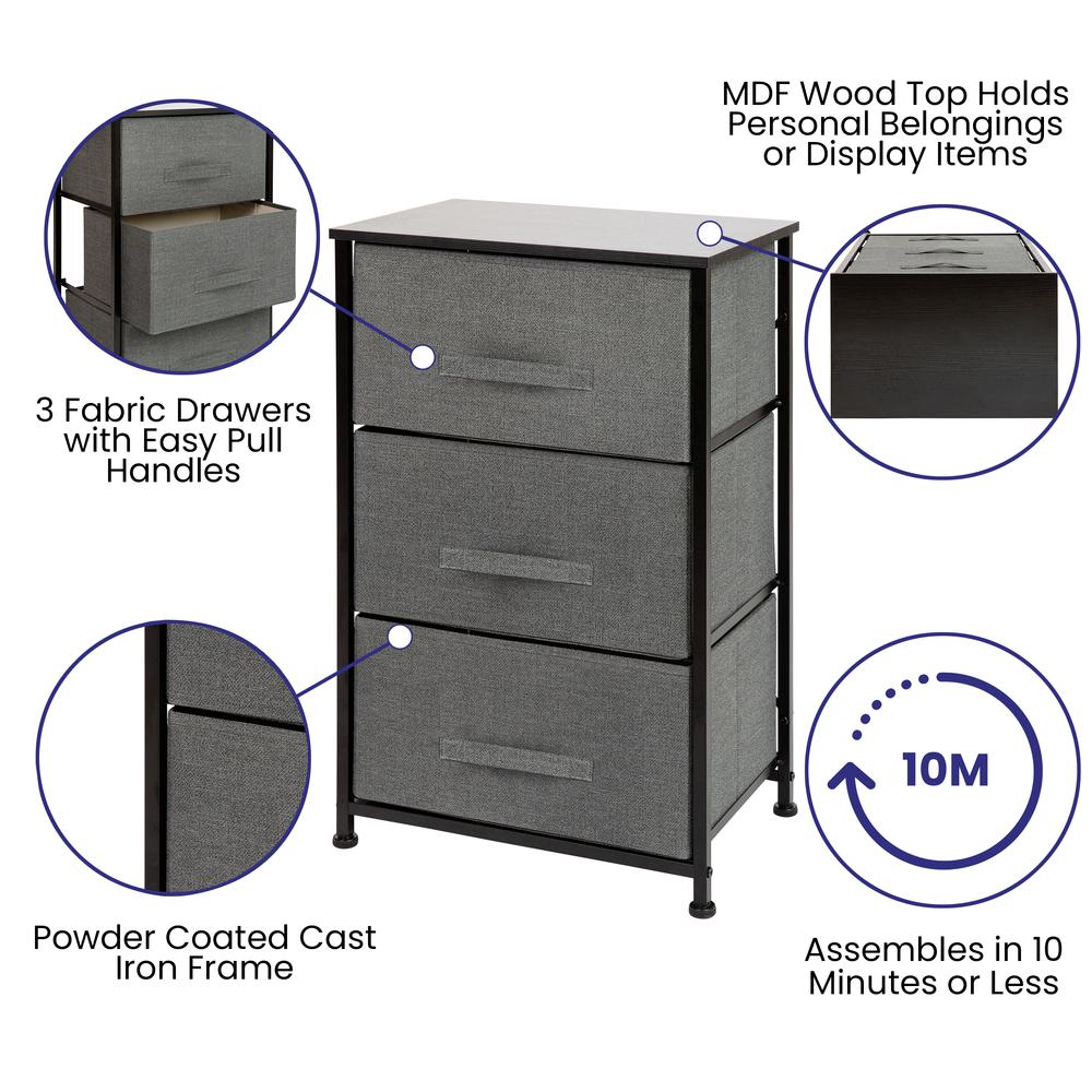3 Drawer Wood Top BlackFrame Vertical Storage Dresser with Dark Gray Drawers. Picture 3