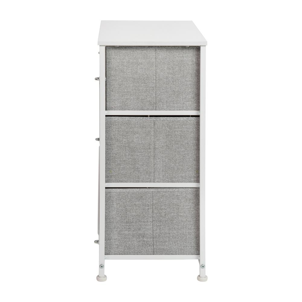 3 Drawer Wood Top WhiteFrame Vertical Storage Dresser with Light Gray Drawers. Picture 7