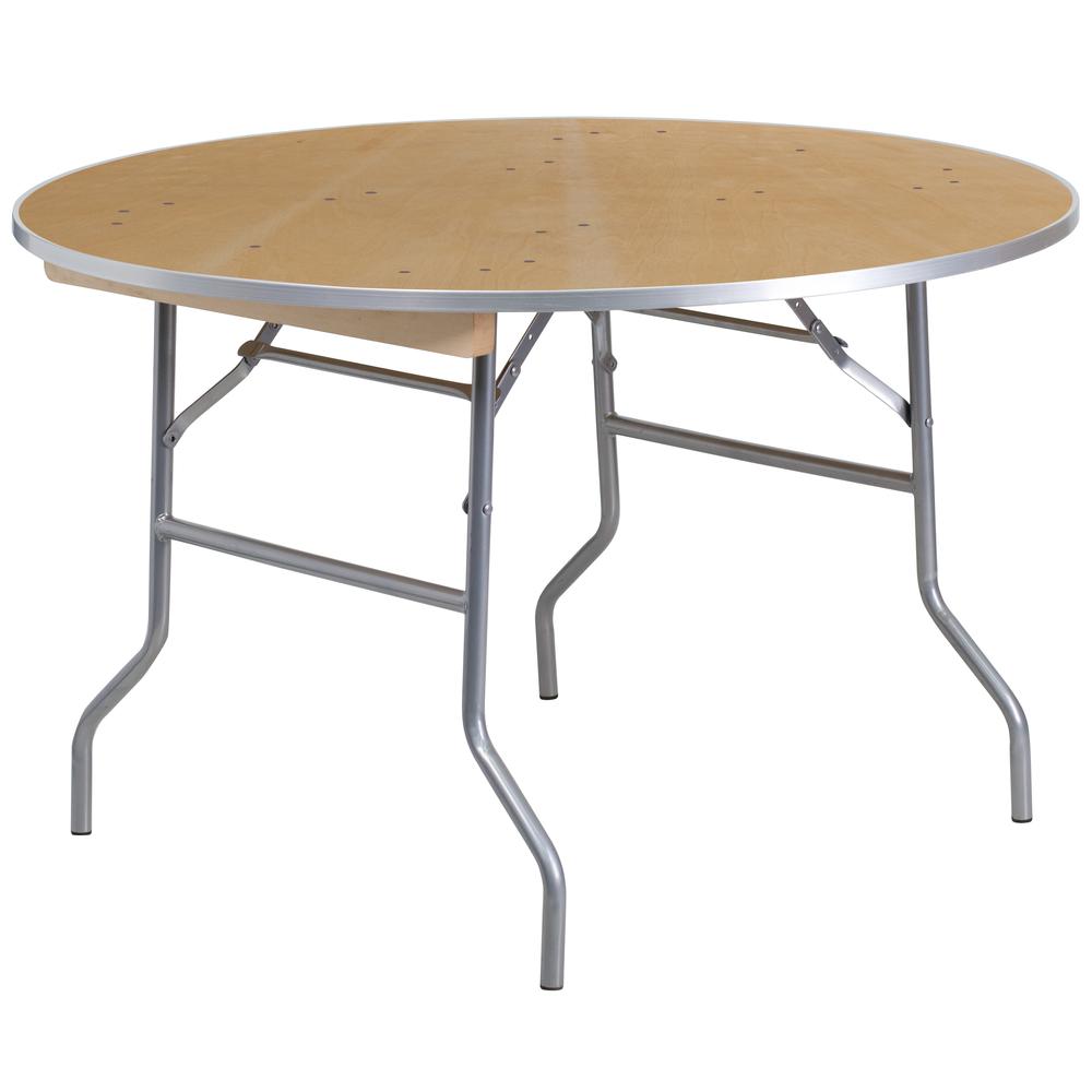 4-Foot Round HEAVY DUTY Birchwood Folding Banquet Table with METAL Edges. Picture 1