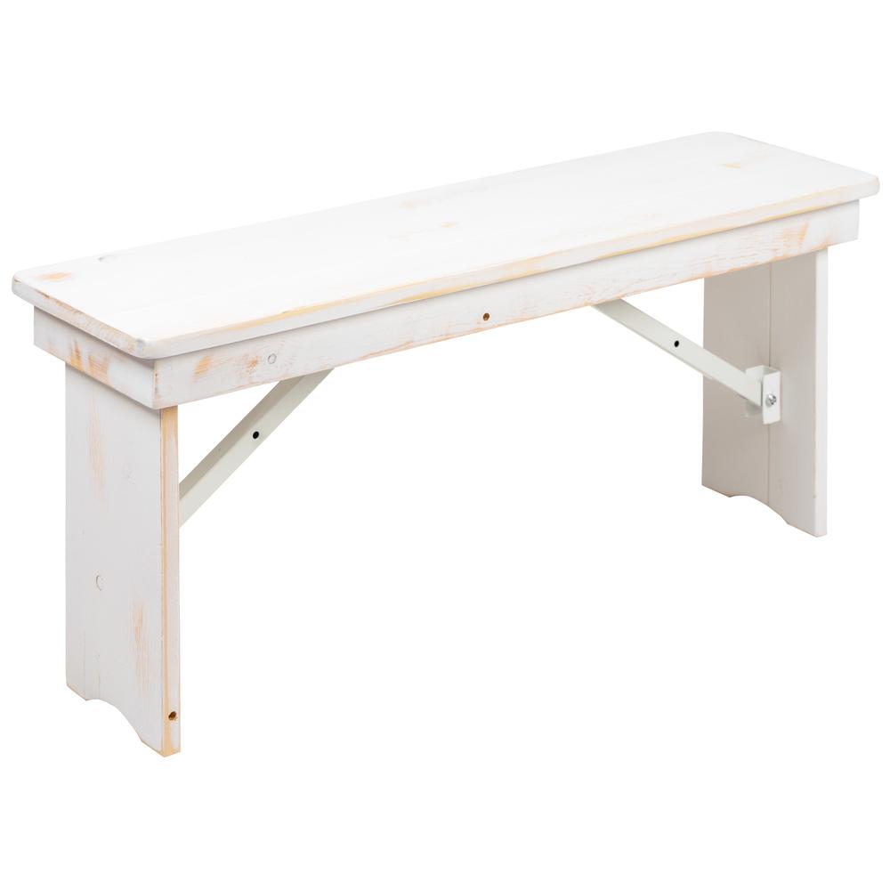 HERCULES Series 40" x 12" Antique Rustic White Solid Pine Folding Farm Bench. Picture 1