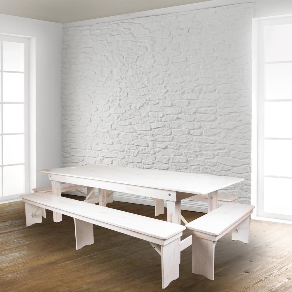 HERCULES Series 8' x 12" Antique Rustic Solid White Pine Folding Farm Bench with 3 Legs. Picture 11