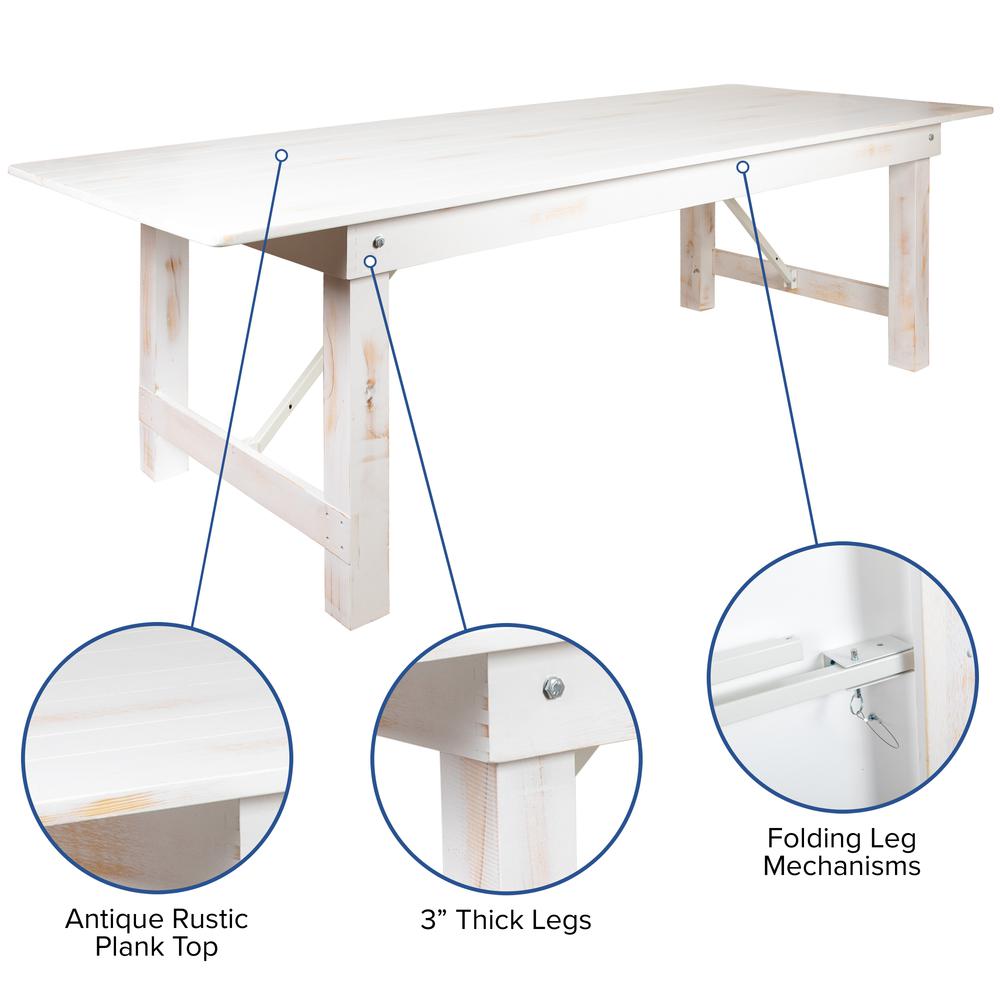 HERCULES Series 9' x 40" Rectangular Antique Rustic White Solid Pine Folding Farm Table. Picture 8