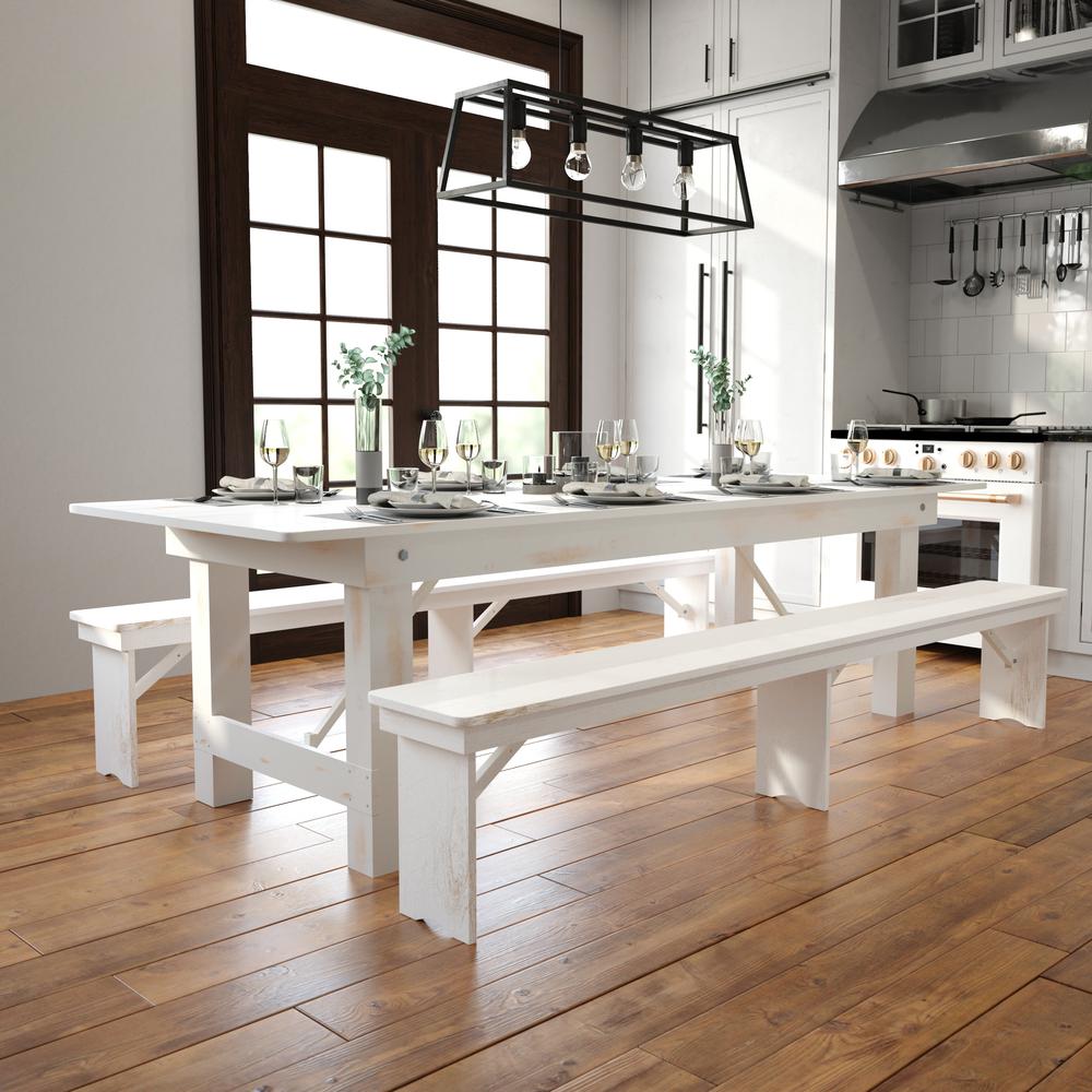 HERCULES Series 9' x 40" Rectangular Antique Rustic White Solid Pine Folding Farm Table. Picture 11