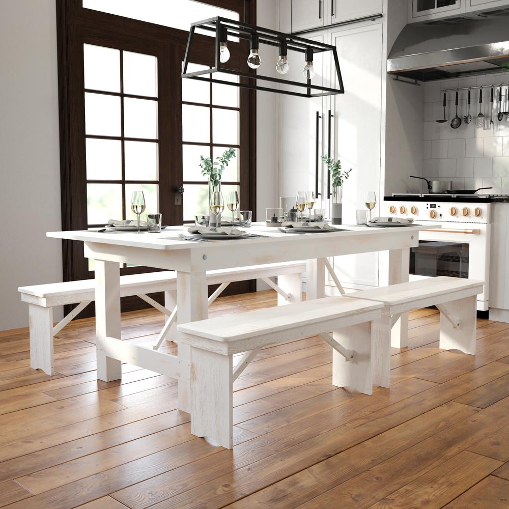 HERCULES Series 7' x 40" Rectangular Antique Rustic White Solid Pine Folding Farm Table. Picture 11