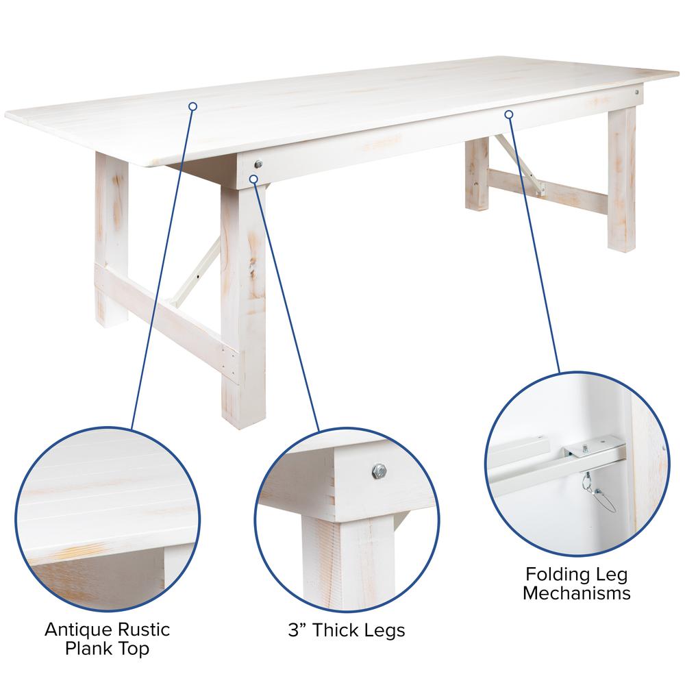 HERCULES Series 8' x 40" Rectangular Antique Rustic White Solid Pine Folding Farm Table. Picture 8
