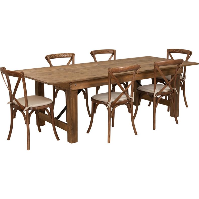 8' x 40'' Antique Rustic Folding Farm Table Set with 6 Cross Back Chairs and Cushions. Picture 1