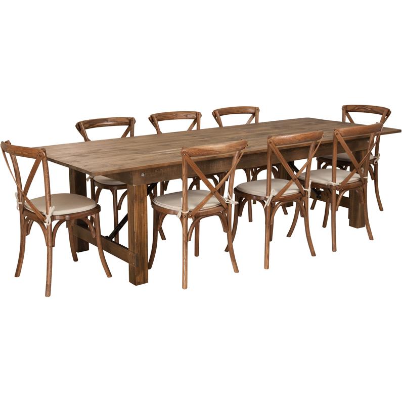 9' x 40'' Antique Rustic Folding Farm Table Set with 8 Cross Back Chairs and Cushions. Picture 1