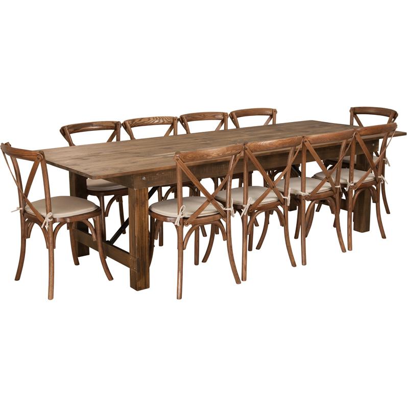 9' x 40'' Antique Rustic Folding Farm Table Set with 10 Cross Back Chairs and Cushions. Picture 1