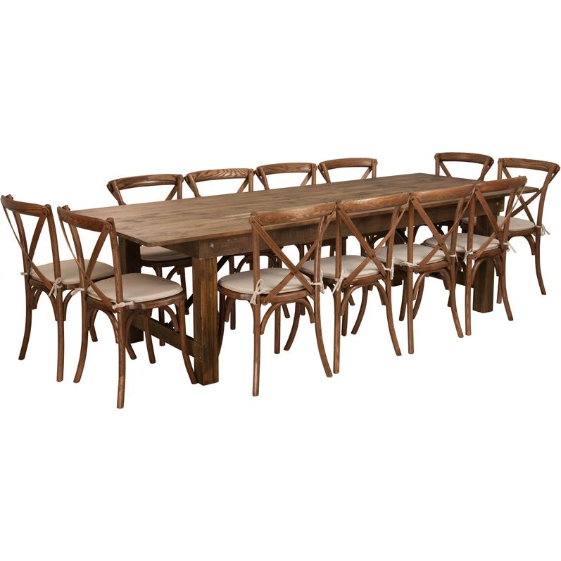 9' x 40'' Antique Rustic Folding Farm Table Set with 12 Cross Back Chairs and Cushions. Picture 1