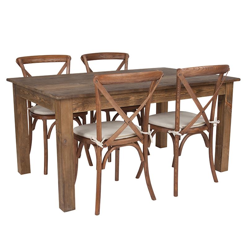 60" x 38" Antique Rustic Farm Table Set with 4 Cross Back Chairs and Cushions. The main picture.