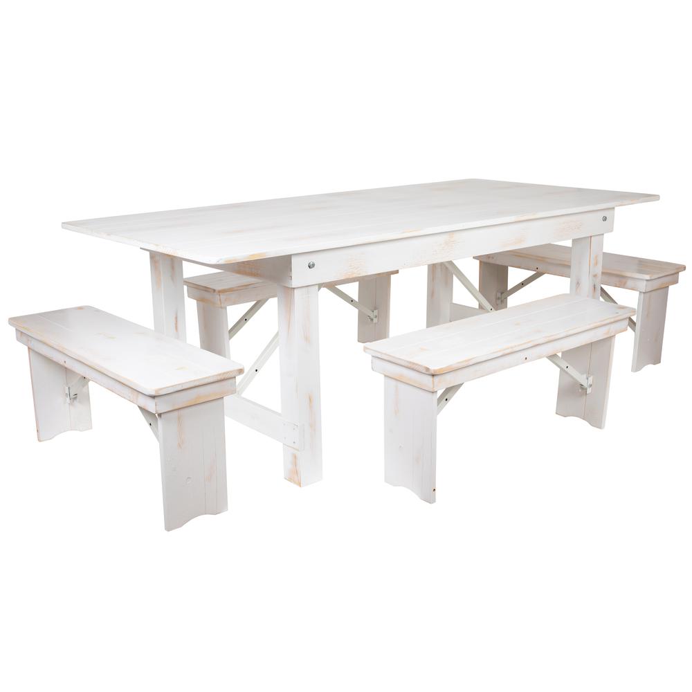 HERCULES Series 7' x 40" Antique Rustic White Folding Farm Table and Four Bench Set. Picture 1